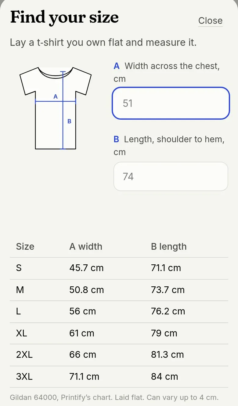 The size guide: two measurements of a shirt you own, and the printer's chart