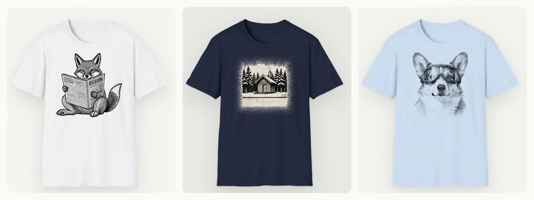 Three shirts from the shop: a fox reading the morning paper on white, a sauna in the snow on navy, a corgi in snowboard goggles on light blue