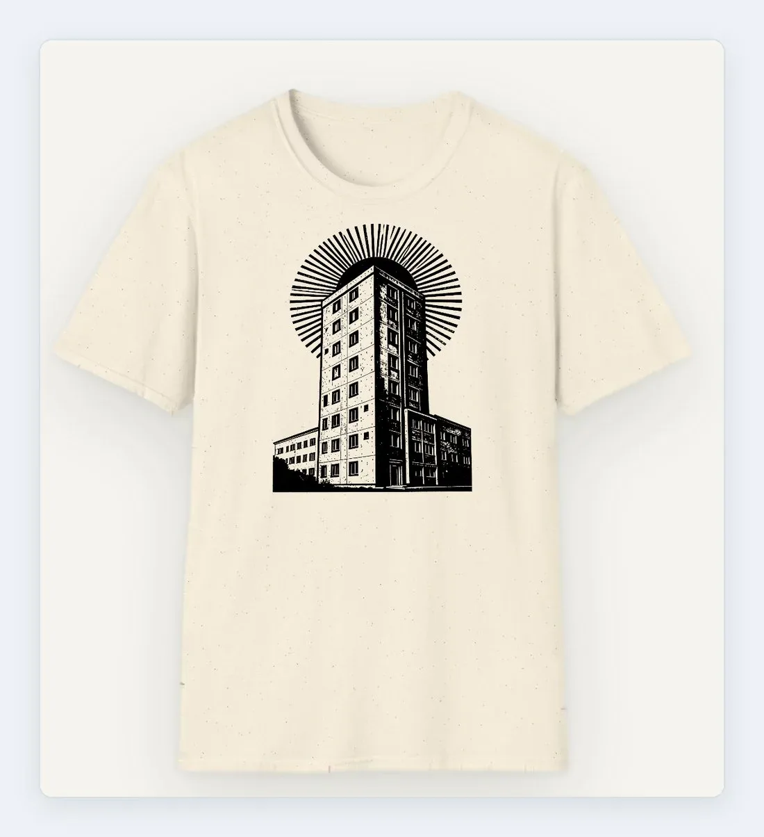 Brutalist Tallinn at dawn, drawn in dots on a Natural shirt