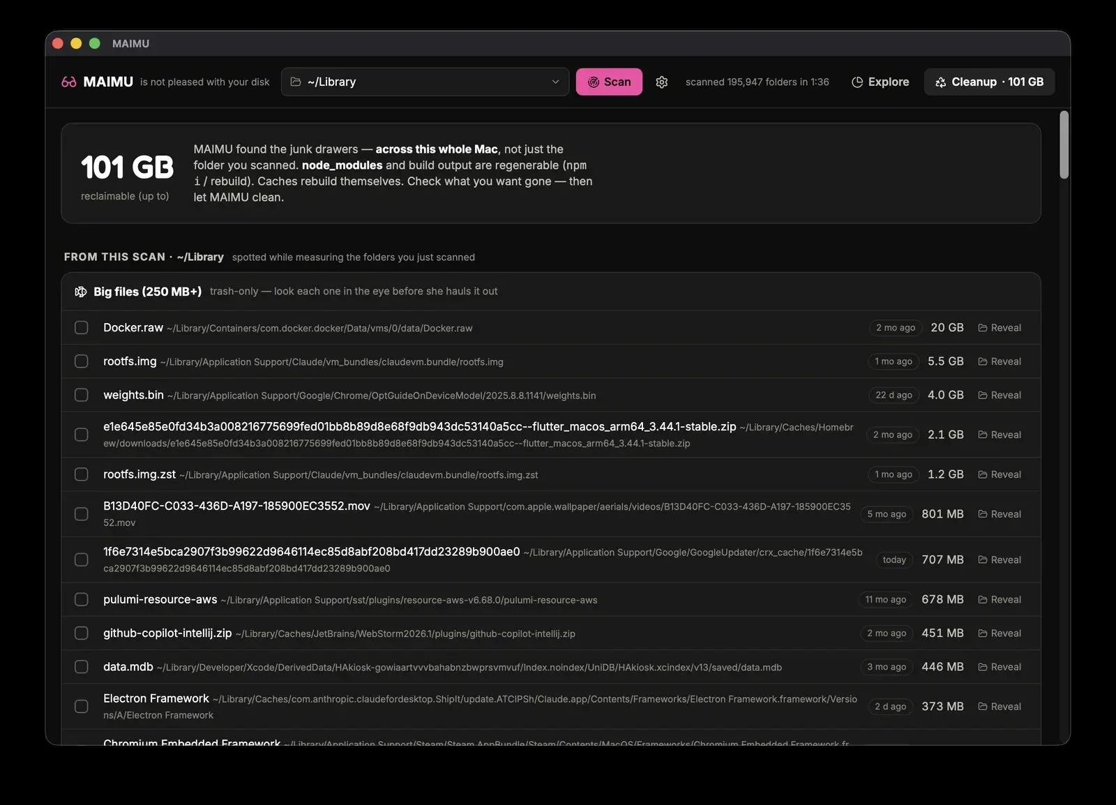 MAIMU's list of big files in a real Library folder, with Docker.raw at 20 GB at the top